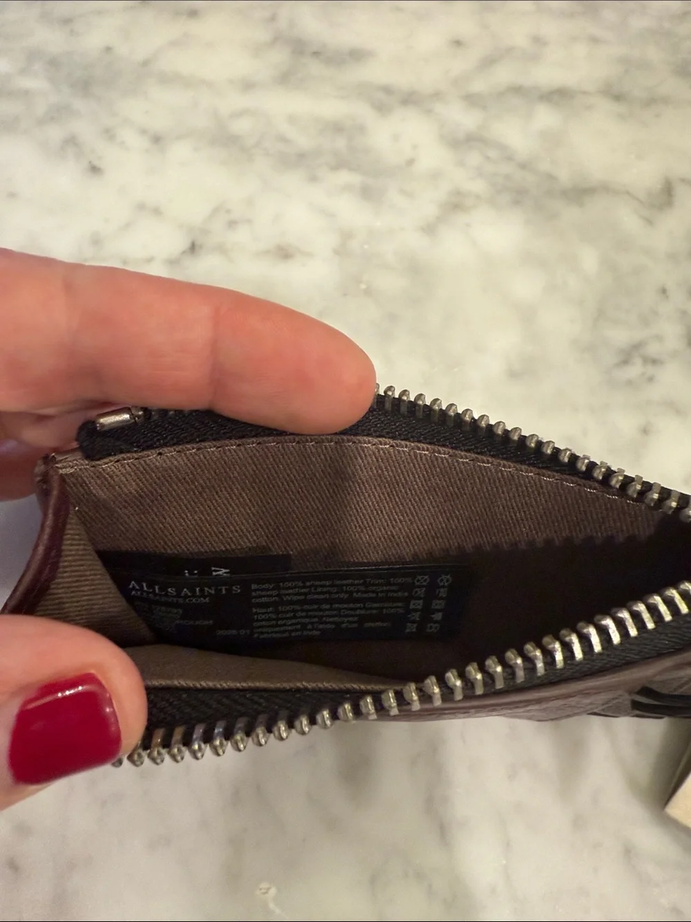 AllSaints Deep Burgundy Leather Zip Card Wallet